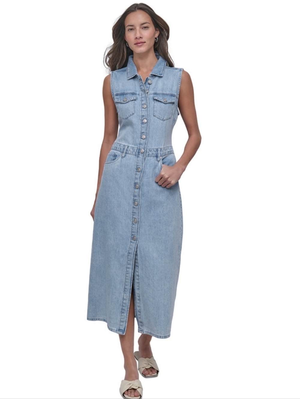 DKNY Light Blue Sleeveless Button-Front Denim Midi Dress